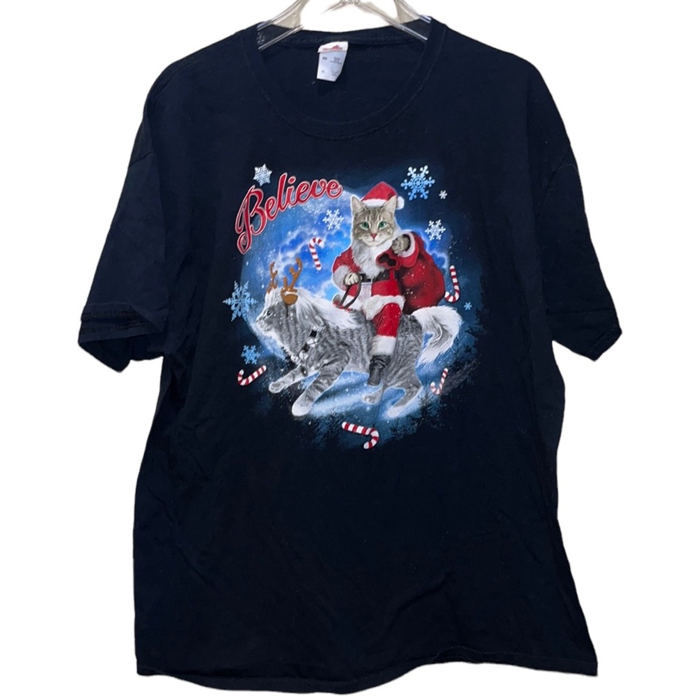 Magical SANTA CAT Christmas ‘Believe’ Ugly T~Shirt~XL